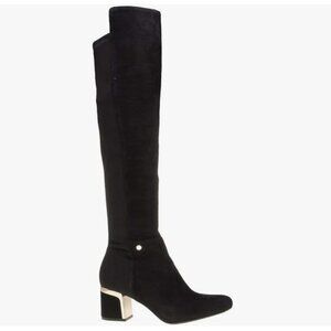 DKNY Women's Knee High Suede Boot with Gold Heel Detail